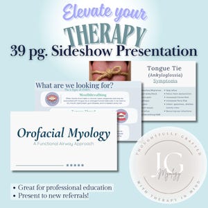 Puede incluir: Una presentación de diapositivas de 39 páginas titulada "Eleva tu terapia", centrada en la miología orofacial. La presentación incluye información sobre la respiración bucal y los síntomas de la anquiloglosia. Incluye un logotipo que dice "JG Myology".