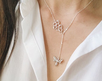 Silver Bee Necklace - Honeycomb Necklace, Bee Lariat Necklace, Dainty Silver Necklace, Bee Pendant Necklace, Honey Comb Pendant Necklace