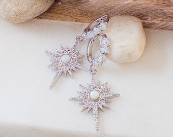 Opal Star Earrings Silver Opal Inlay Hoop Earrings Opal Starburst Earrings Dainty Celestial Huggie Earrings for Stacking Teen Girl Gift