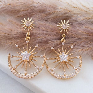 Starburst Earrings Gold Statement Earrings Double Star Burst Drop Earrings Celestial Earrings Sunburst Earrings Gold Moon and Star Earrings