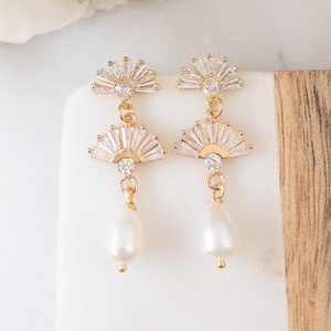 Pearl Bridal Earrings Art Deco Earrings Art Deco Stud Earrings Pearl Drop Earrings Wedding Vintage Inspired Earrings Geometric Fan Earrings