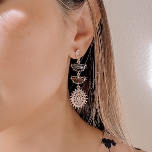 Large Chandelier Earrings Black and Brown Stones Gold Earrings Statement Art Deco Earrings 1920s Vintage Earrings for Black Tie Wedding Gala