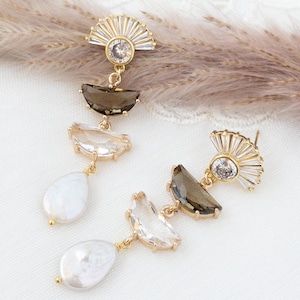 Gold Fan Dangle Earrings with Crystal Smoky Quartz Pearl Drops Art Deco Statement Jewelry Brown Boho Sunburst Tiered Earrings Wedding Guest