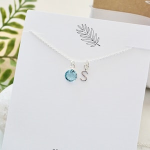 Silver Birthstone Initial Necklace - Personalized Birthstone Necklace, Customized Jewelry, Tiny Initial Necklace, Silver Letter Necklace