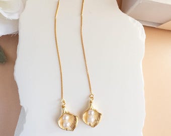 Pendientes de perlas y lirios para novias, joyería nupcial Calla Lily, pendientes colgantes de flores de oro vermeil, regalo para fiestas en el jardín botánico y compromisos
