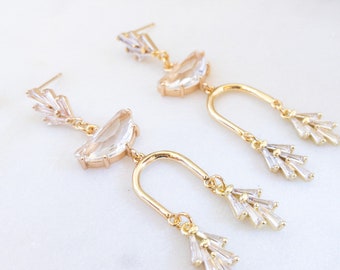 Long Art Deco Earrings Gold Unique Boho Bridal Earrings Gold Statement Earrings for Wedding, Unique Arch Earrings Geometric 1920s Earrings