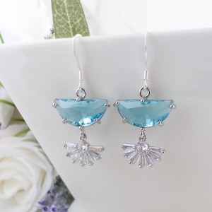 Silver Teal Earrings for Bridesmaids Gifts Something Blue Wedding Earrings Dainty Bridal Earrings Blue Crystal Stones Art Deco Fan Earrings