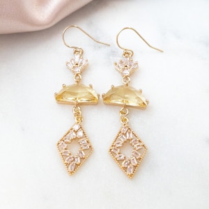 Art Deco Earrings Yellow Stone Earrings Gold Statement Earrings Wedding Guest Earrings Yellow Bridesmaids Gift Jewelry Gatsby Bridal Earring
