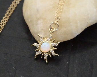 Dainty Sunburst Necklace, Dainty Opal Necklace Opal Sun Necklace Minimalist Opal Jewelry Gift for Her, Teacher’s Thank you Gift