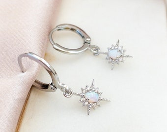 Huggie Hoop earrings Silver Star Huggie Earrings North Star Earrings Dainty Opal Earrings Celestial Earrings for Stacking Gift for Teen Girl