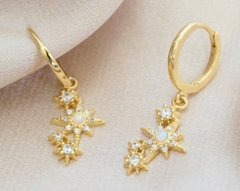 Stars Constellation Earrings Dainty Opal Earrings Gold Small Hoops Opal Celestial Earrings Star Huggie Hoops Earring Gift for Minimalist