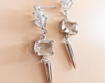 Silver Spike Earrings Punk Rock Wedding Jewelry Edgy Crystal Drop Earrings Gothic Statement Bridal Jewelry for Bride
