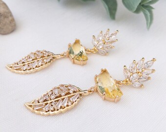 Crystal Leaf Earrings, Bridal Earrings for Woodland Wedding, Bridal Drop Earrings,Nature Inspired Bridal Earrings, Yellow Statement Earrings