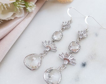 Long Crystal Drop Earrings Gift for Her Silver Dangle Earrings Art Deco Statement Earrings Formal Occasion Earrings Treat Yourself Gift