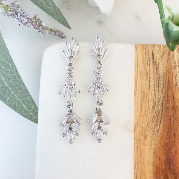 Silver Art Deco Earrings Boho Bridal Dangle Earrings Crystal Baguette Earrings for Wedding Shower Gift 1920s Inspired Gatsby Gala Earrings