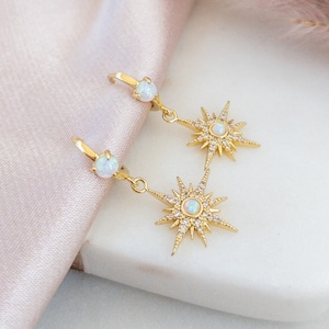 Opal Starburst Earrings Gold Opal Huggie Earrings North Star Hoops Opal Earrings Celestial Earrings Gift for Teen Girl Stacking Earrings
