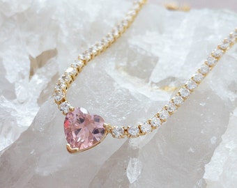 Tennis Necklace Gold Pink Heart Crystal Necklace Statement Necklace Heart Gift for Girlfriend Rhinestone Pink Necklace Barbie Inspired