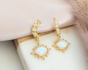 Opal Huggie Earrings Gold Huggie Hoop Earrings Starburst Earrings Opal Sun Earrings Dainty Huggies for Stacking Sunburst Earrings Teen Gift