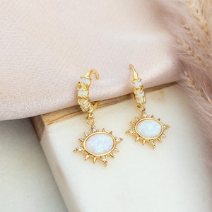 Opal Huggie Earrings Gold Huggie Hoop Earrings Starburst Earrings Opal Sun Earrings Dainty Huggies for Stacking Sunburst Earrings Teen Gift