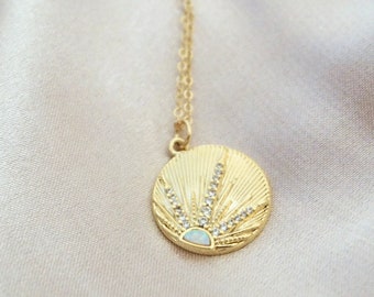 Sunrise Necklace Gold Necklace Dainty Opal Necklace Minimal Gold Sun Coin Necklace Celestial Jewelry Gift for Teens Sunset Necklace