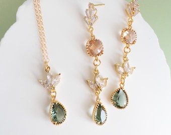 Sage Green Earrings Set Champagne Gold Statement Earrings Long Art Deco Earrings for Wedding Crystal Glam Jewelry Set for Holiday Gift