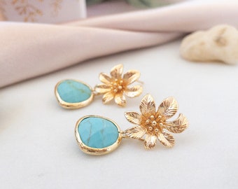 Gold Flower Earrings with Turquoise Stone Gold Post Turquoise Stone Earrings with Flowers Summer Earring Nature Lover Gift for Her Floral