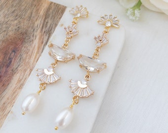 Wedding Earrings for Bride Long Bridal Earrings Gold Pearl Art Deco Earrings Wedding Statement Earrings Crystal Bridal Shower Jewelry Gift