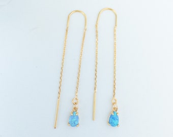Long Drop Opal Earrings Dainty Opal Stone Thread Through Earrings Minimal Bridal Dangly Earrings Something Blue Opal Jewelry for Wedding