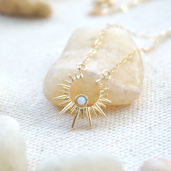 Sun Ray Necklace - Opal Sunburst Necklace, Dainty Gold Necklace, Opal Necklace, Dainty Jewelry, Celestial Necklace