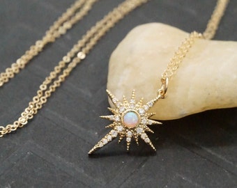 North Star Necklace Gold Starburst Necklace Opal Star Necklace Polaris Necklace Pave Star Necklace Celestial Jewelry Dainty Gold Necklace