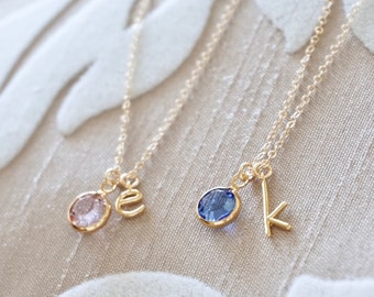 Birthstone Initial Necklace - Personalized Birthstone Necklace, Customized Jewelry, Tiny Initial Necklace, Gold Letter Charm Necklace