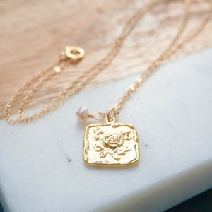 Rose Coin Necklace - Gold Necklace, Square Coin Pendant Necklace, Dainty Necklace