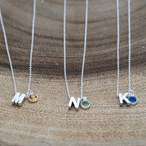 Silver Birthstone Initial Necklace - Tiny Letter Charm Necklace, Personalized Birthstone Charm Necklace, Personalized Initial Charm Necklace