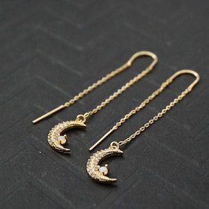 Crescent Moon Threader Earrings Gold Long Chain Earrings Moon Earrings Dainty Opal Earrings Minimal Long Drop Earrings Gift for Teens
