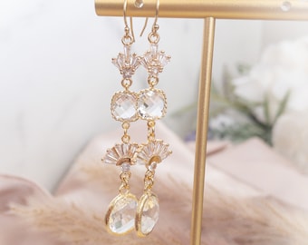 Gold Bridal Earrings with Clear Crystals Unique Art Deco Earrings Long Wedding Earrings Crystal Drop Earrings Vintage Style Crystal Earrings