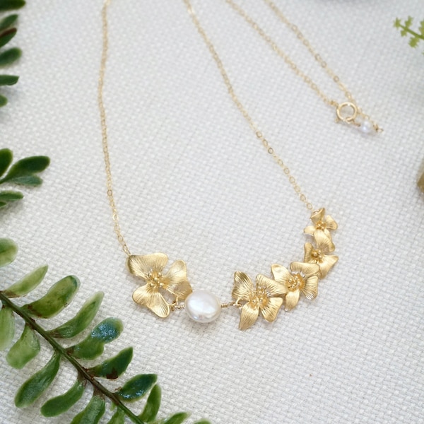 Asymmetrical Gold Dogwood Necklace Dogwood Flower Necklace Dogwood Jewelry Gold Necklace Gold Pearl Necklace Nature Lover Gift for Mom