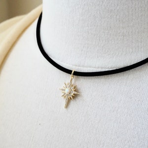 Thin Black Choker Necklace Star Pendant 2mm Black Velvet Cord Necklace Starburst Pendant Black Gothic Choker Boho Choker Necklace Celestial