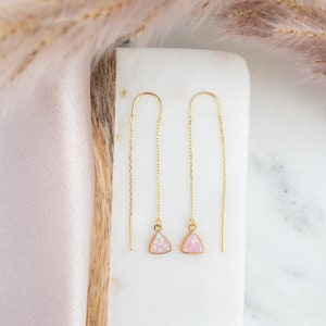 Pink Opal Earrings, Opal Threader Earrings, Earrings Dangle Gold, Gold Threader Earrings, Chain Earrings Dainty, Long Minimalist Earrings
