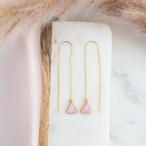 Pink Opal Earrings, Opal Threader Earrings, Earrings Dangle Gold, Gold Threader Earrings, Chain Earrings Dainty, Long Minimalist Earrings image 1