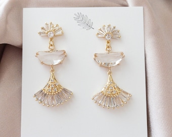 Boho Bridal Earrings, Art Deco Earrings, Gold Statement Earrings for Bride,Fan Earrings Long, Wedding Earrings, Earrings for Prom