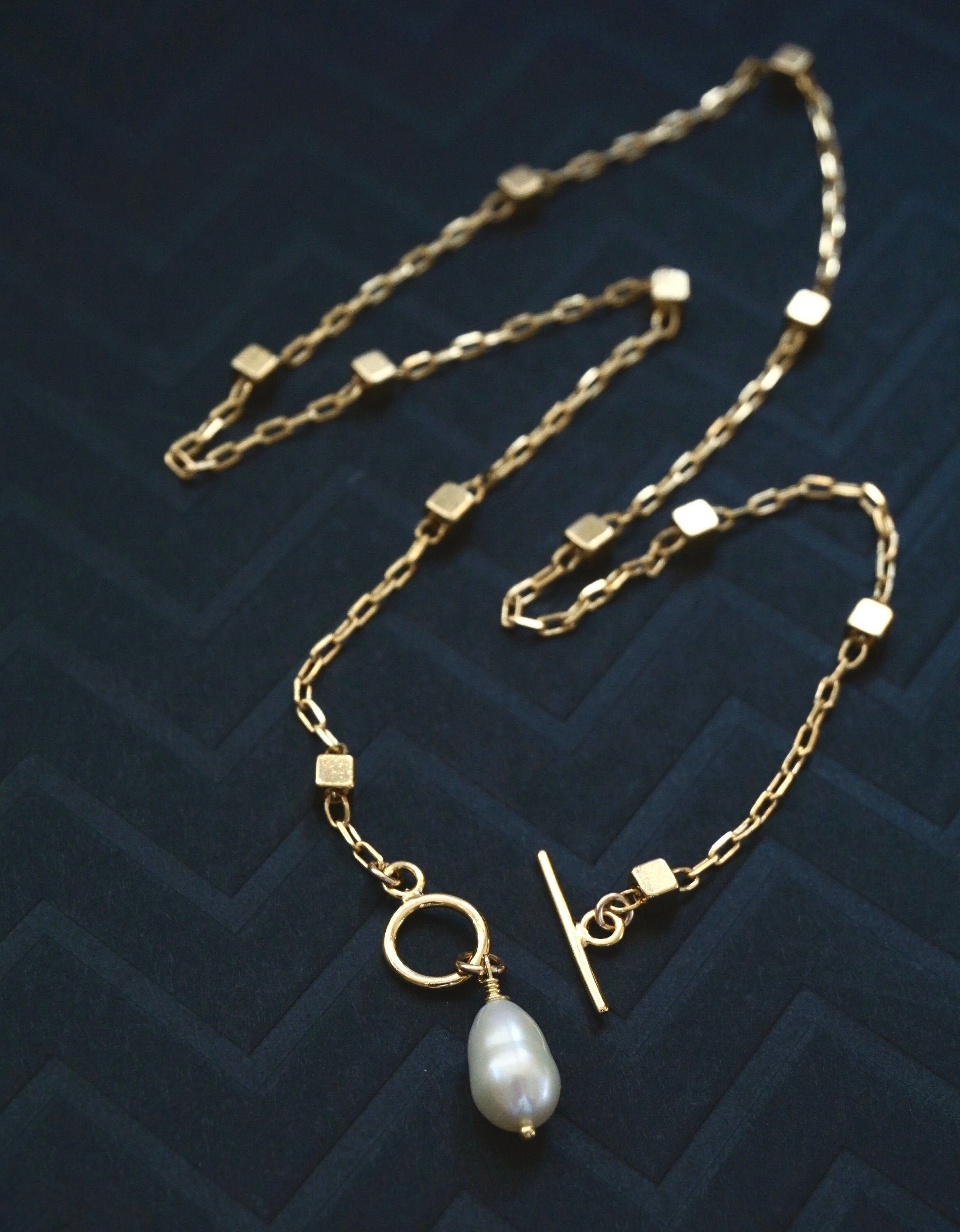 Gold Pearl Necklace Dainty Toggle Necklace Gold Necklace Etsy