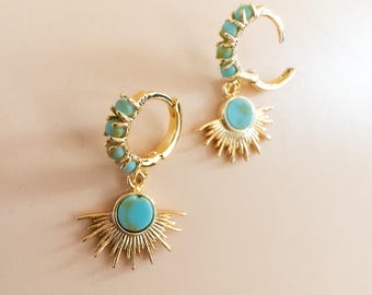 Aros de turquesa celestial con dije de estrella dorada, pequeños aros llamativos, elige estilo o conjunto, regalo para hija.