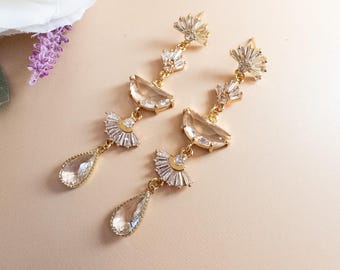 Gold Art Deco Statement Earrings Gala Formal Event Long Teardrop Dangle Evening Jewelry Black Tie Holiday Party Earrings Dressy