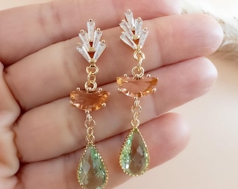 Peach and Peridot Green Vintage Earrings Romantic Garden Wedding Jewelry Spring Bridal Earrings