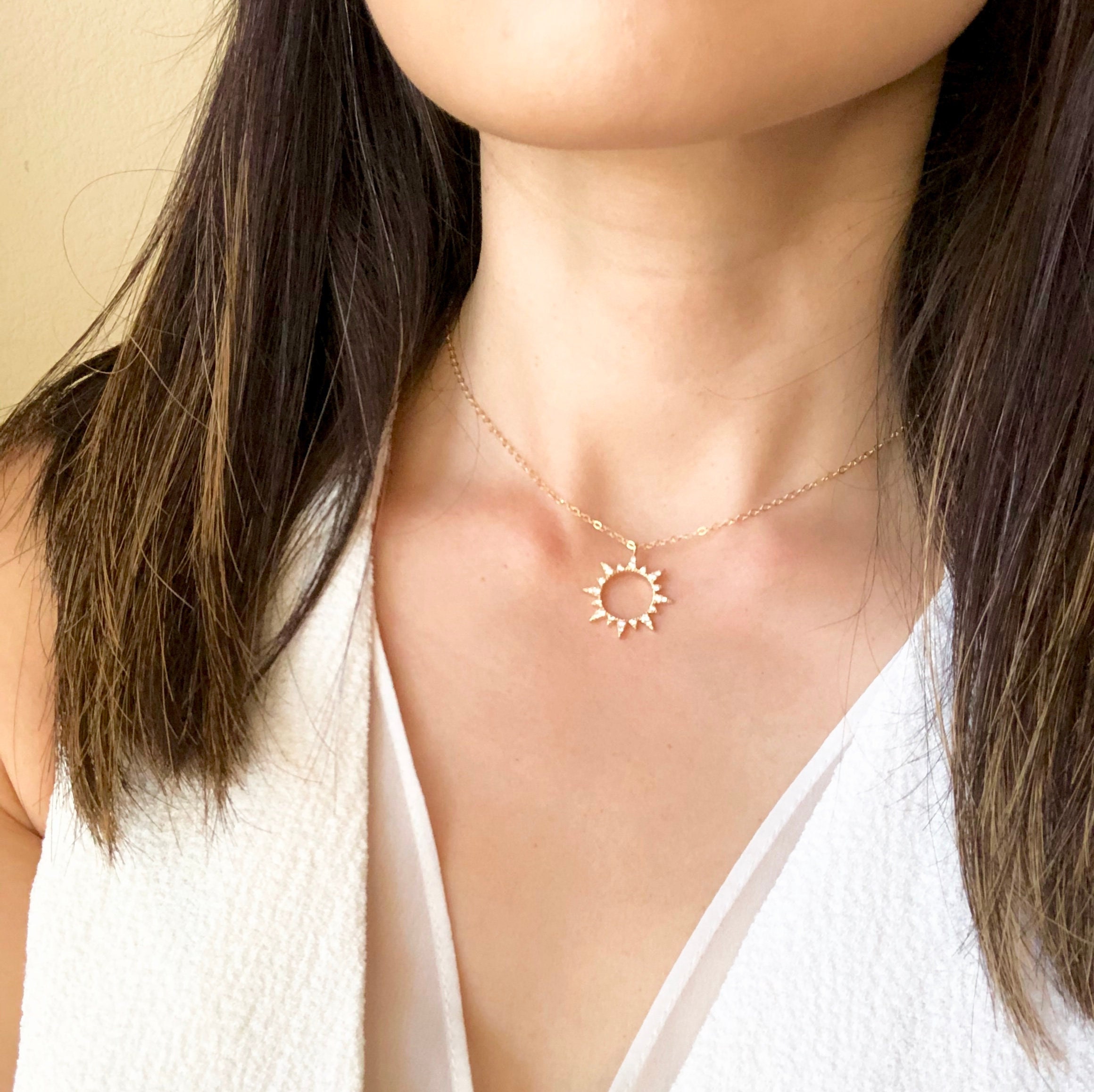 Gold Sun Necklace Sunburst Necklace CZ 