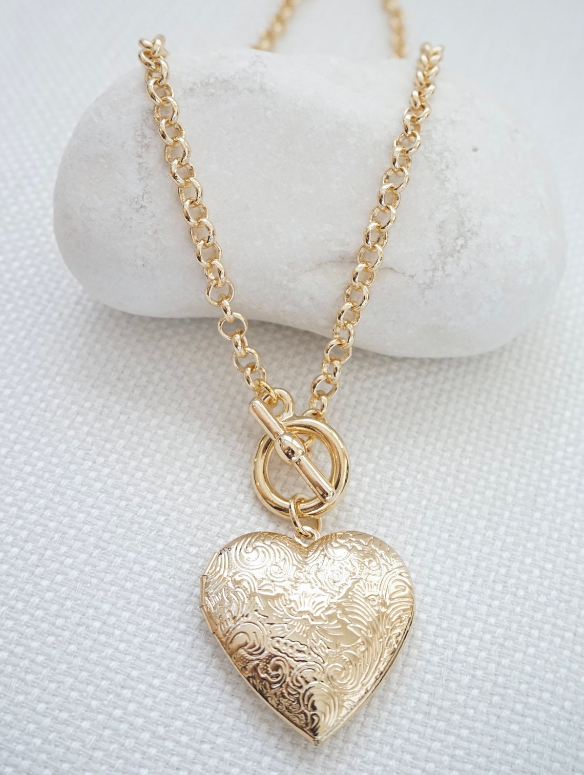 Heart Locket Necklace Toggle Necklace Gold Necklace Chunky Etsy