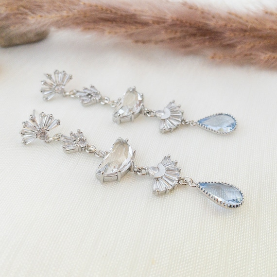 Blue Art Deco Bridal Earrings for Wedding Blue Bridal Earrings Silver Art Deco Jewelry Blue Statement Earrings for Brides Long Drop Earrings