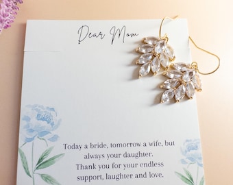 Mother of the Bride Earrings Gift Crystal Leaf Drop Earrings with Card Mother of the Groom Wedding Day Gift for Mom from Daughter Son