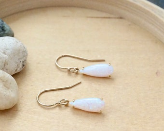 Opal Earrings, Dainty Opal Earrings, Simple Opal Dangle Earrings, Gold Earrings, Opal Jewelry, Teardrop Shaped Opal Stone Earrings