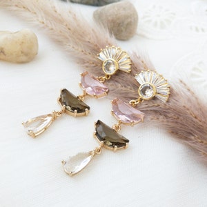 Art Deco Earrings Gold Statement Earrings for Brides Boho Bridal Earrings Art Deco Wedding Jewelry Pink Crystal Earrings Gold Fan Earrings